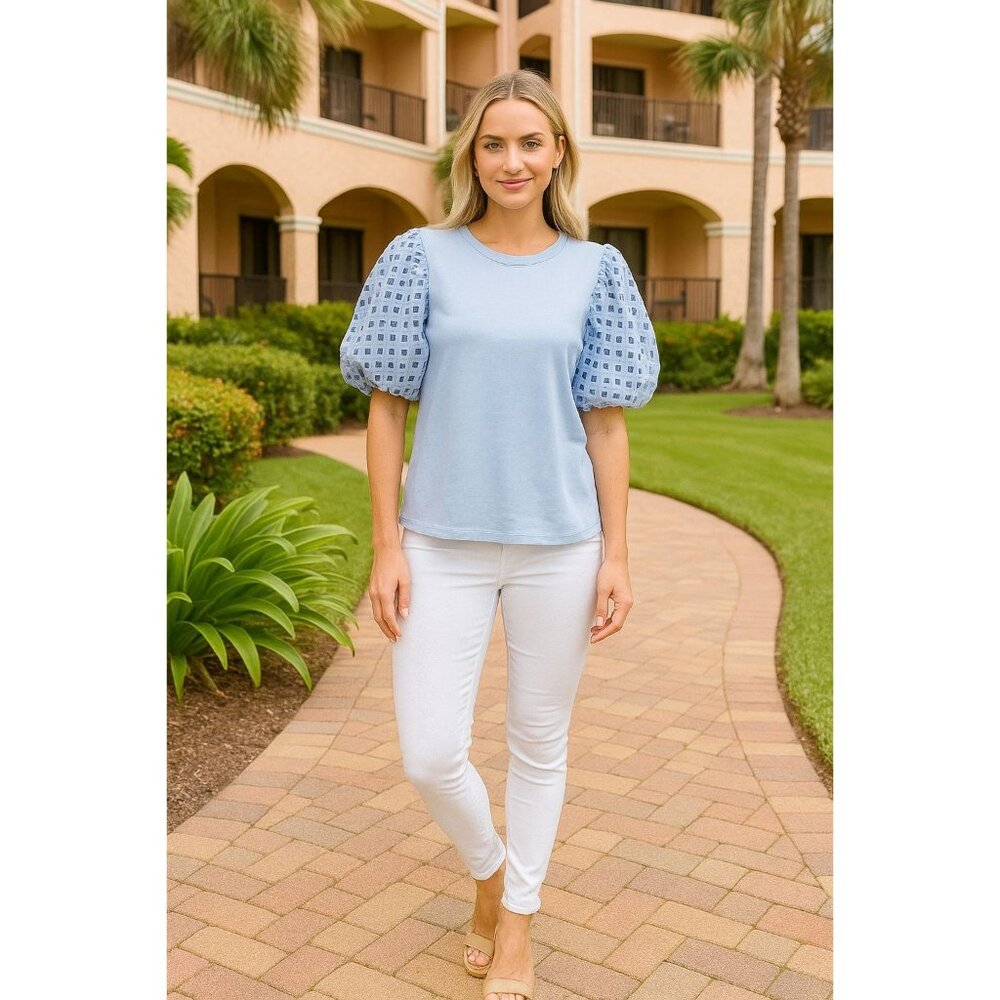 Gibson Latimer Top Blue S Puff Sleeve Eyelet Cottagecore Chic